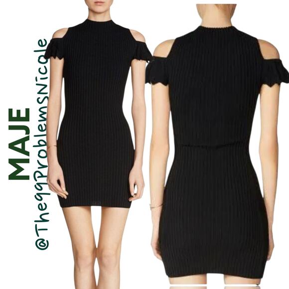 Maje Black Ribbed Cold Shoulder Dress - Picture 1 of 10